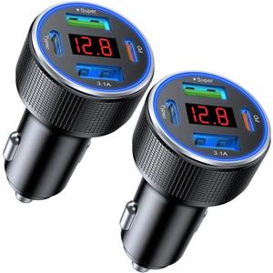 USB Car Charger, 2 Pack Cigarette Lighter USB Charger Aluminum Alloy Fast Charging Car Charger Adapter with Voltage Display Type C Car Accessories for iPhone 17 16 Samsung Galaxy Google iPad Android