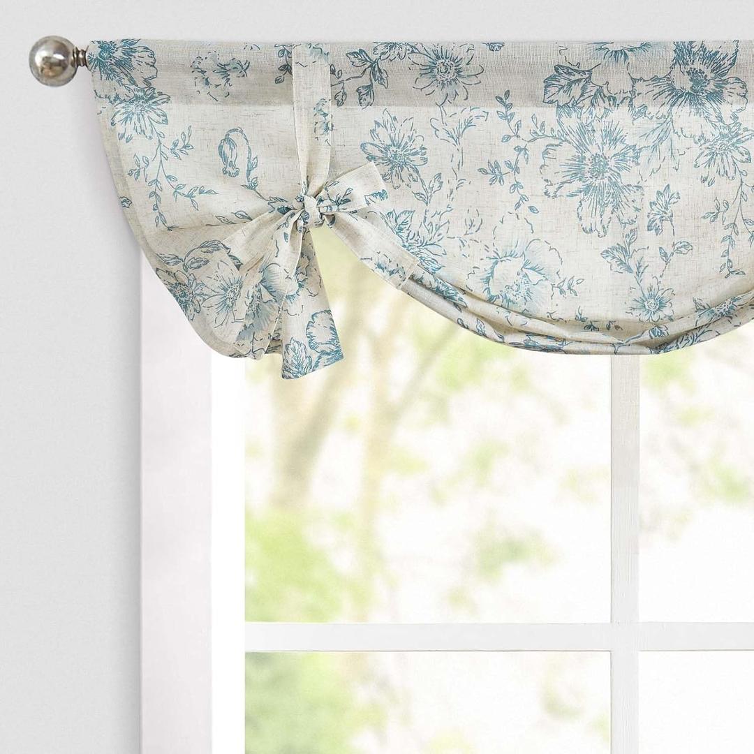 jinchan Tie Up Valance Floral Linen for Windows Farmhouse Valance 36 Inch Peonies Botanical Short Window Treatment Adjustable for Kitchen Living Room Light Filtering 1 Panel Blue on Beige