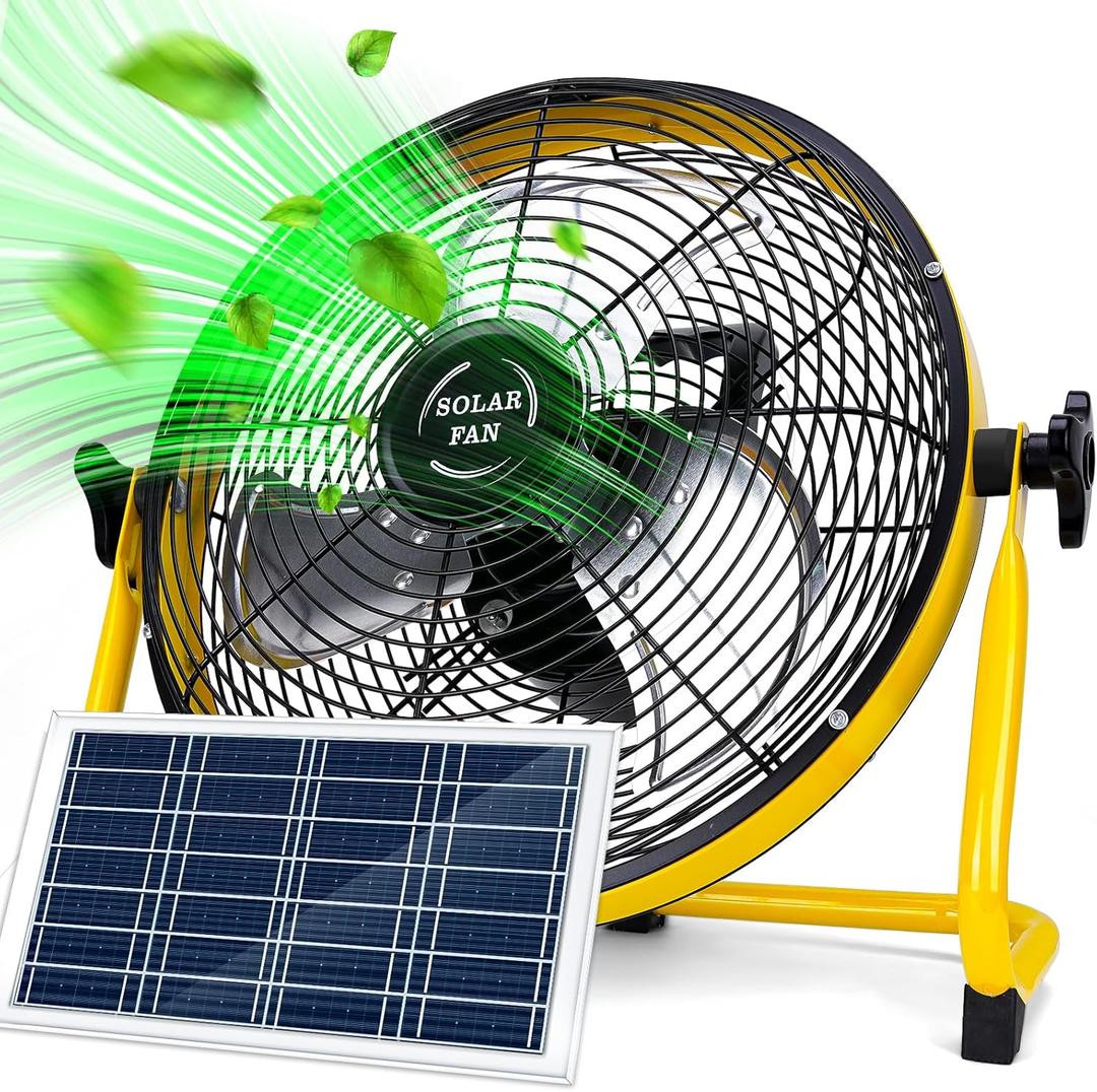 DBF 12" Solar Fan Battery Operated, Rechargeable Floor Fan, 2-in-1 Solar Panel & AC Fast Charger, 12 Speeds, Cordless High Velocity Metal Fans Heavy Duty For Camping, Outdoor, Hurricane, Blackout