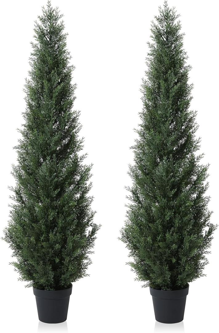 5FT Artificial Cedar Topiary Trees for Outdoors Potted Fake Cypress Trees Faux Evergreen Plants for Home Porch Decor Set of 2