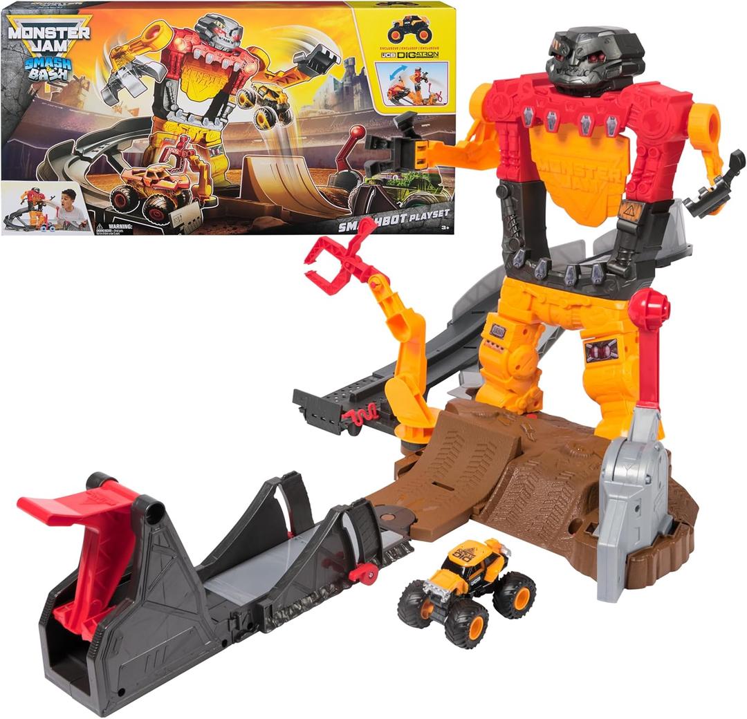 Monster Jam Smash & Bash SmashBot Playset with Launcher, Exclusive 1:64 Scale Monster Truck, 15-Inch Repairable Robot, Kids Toys for Boy and Girls Ages 3 and up