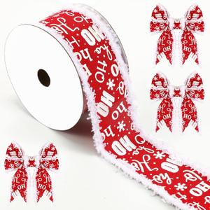 2.5 Inches x 10 Yards Christmas Wired Ribbon - Red and White Striped With Santa Snowflake for Tree, Craft, Gift Wrapping, Garland, Wreath, Gift Baskets - Ho Ho Faux Fur Trimmed