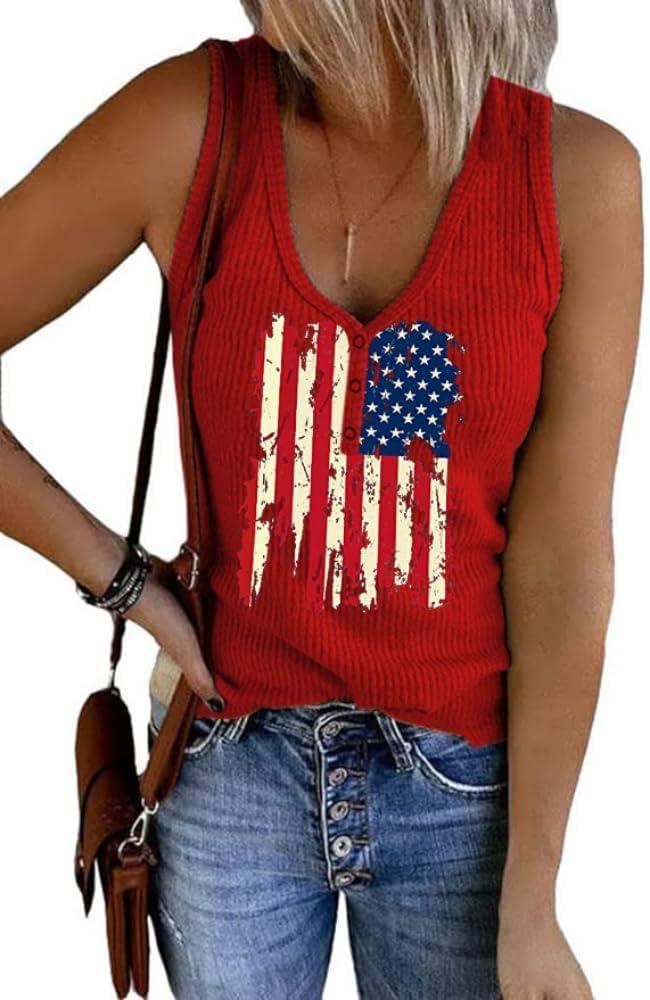 Womens American Flag Button V-Neck Tank Coloful Printed Sleeveless Patriotic Shirts Summer Tops (Small)