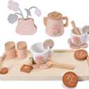 Wooden Tea Set for Little Girls, Wooden Toys, Toddler Tea Set Toy, Play Kitchen Accessories Set, Montessori Toys, Kids Play Kitchen Pretend Playset Toys for Baby Tea Party with Play Food