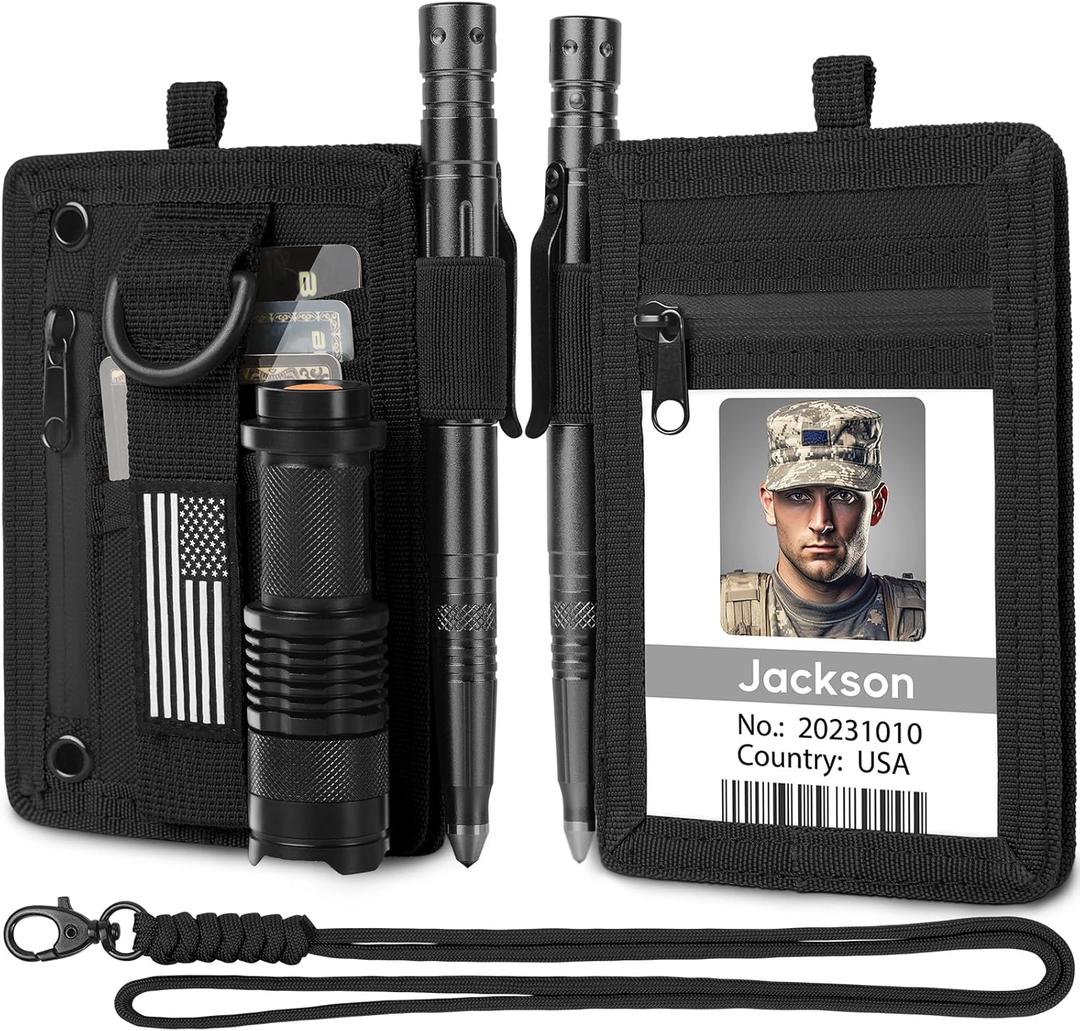 LIUGX Tactical ID Card Holder, 900D Nylon, Hook & Loop Patch Badge Holder, Waterproof Zipper Pocket, Neck Lanyard Key Ring and Credit Card Organizer, RFID Blocking