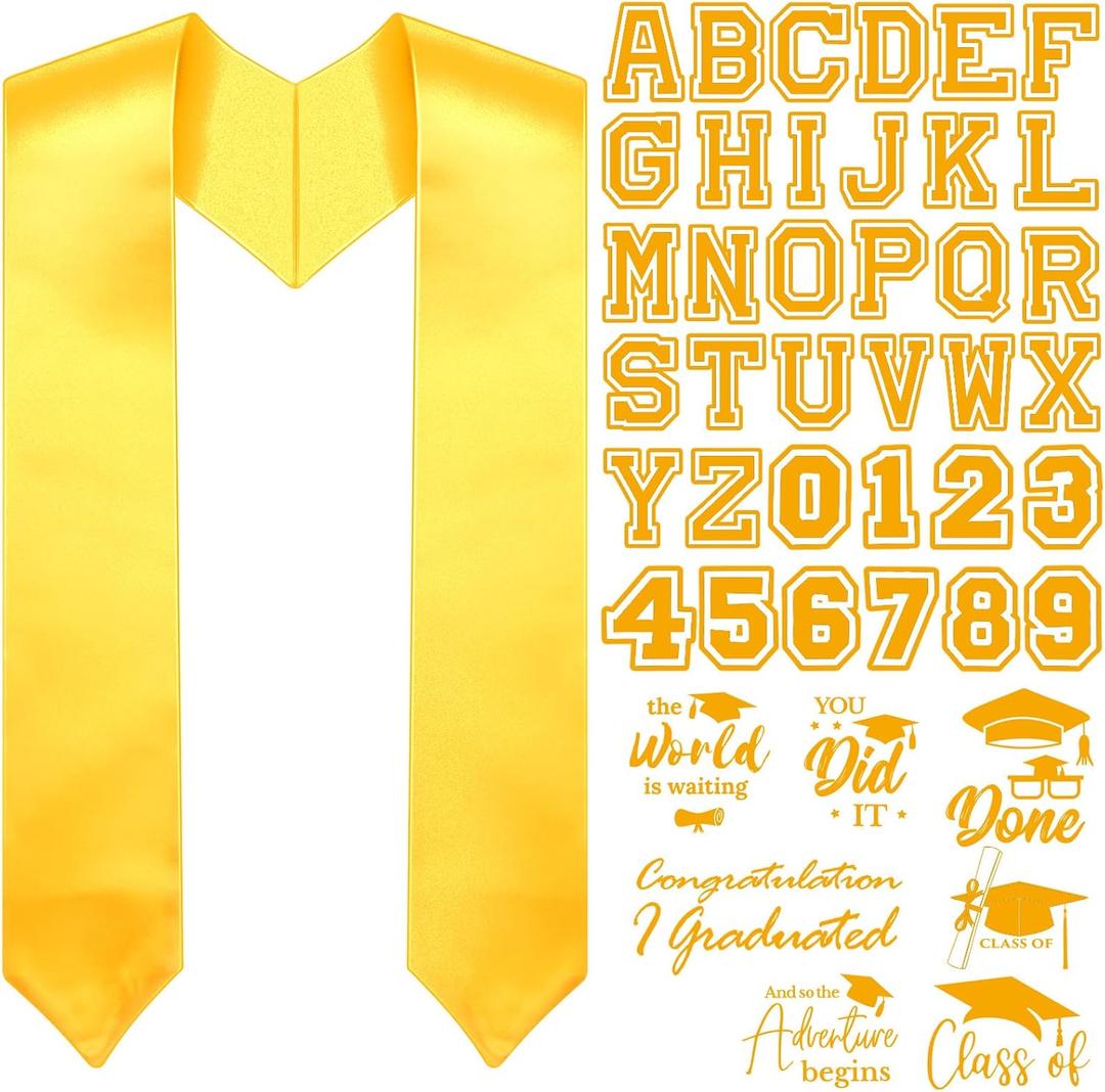 Spakon Unisex Adult Plain Graduation Stole with a to Z Letter 0 to 9 Number Graduation Pattern Badge Decorate Repair Patches(Yellow)