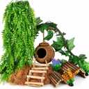 HERCOCCI Crested Gecko Tank Accessories, Reptile Hanging Plants Vines with Natural Coconut Shell Hideout & Climbing Ladder Decor for Hermit Crab Lizard Leopard Gecko Chameleon Snake Terrarium Decor