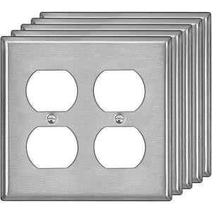 [5 Pack] BESTTEN 2-Gang Duplex Stainless Steel Wall Plate with Protective Film, Standard Size, Corrosion Resistant Metal Outlet Cover, Industrial Grade, Brushed Finish, Silver