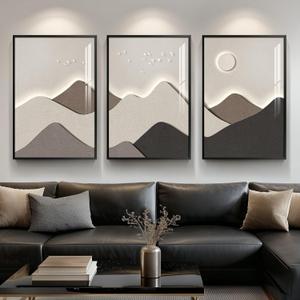 Framed Neutral Abstract Wall Art for Living Room, Large 3 Piece Modern Mountain Bright Style Painting Prints, Brown Minimalist Landscape Artworks for Dining Room Office Wall Decor, 24x36 In