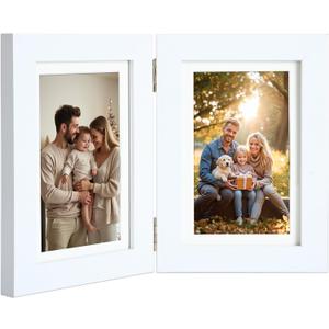 5x7 Double Picture Frame with Tempered Glass in White,Vertical Display 4x6 with Mat or 5x7 without Mat, Engineered Wood Bifold Photo Frame for Tabletop,Nice Gift for Memories & Dcor (PS008-WHX7)