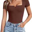 Avidlove Women's Short Sleeve Bodysuit Square Neck Body Suits One Piece T Shirt Summer Going Out Tops Date Outfits (Brown, S)