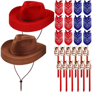 Xtinmee 36 Pcs Cowboy Party Costume Set, Cowboy Hats Paisley Bandanas Inflatable Stick Horses Kids Party Supplies