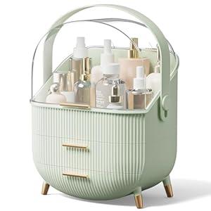 Makeup Organizers, Make Up Organizer for Vanity, Countertop Cosmetic Storage with Drawers and Transparent Cover for Bedroom Bathroom, Maize-Light Green