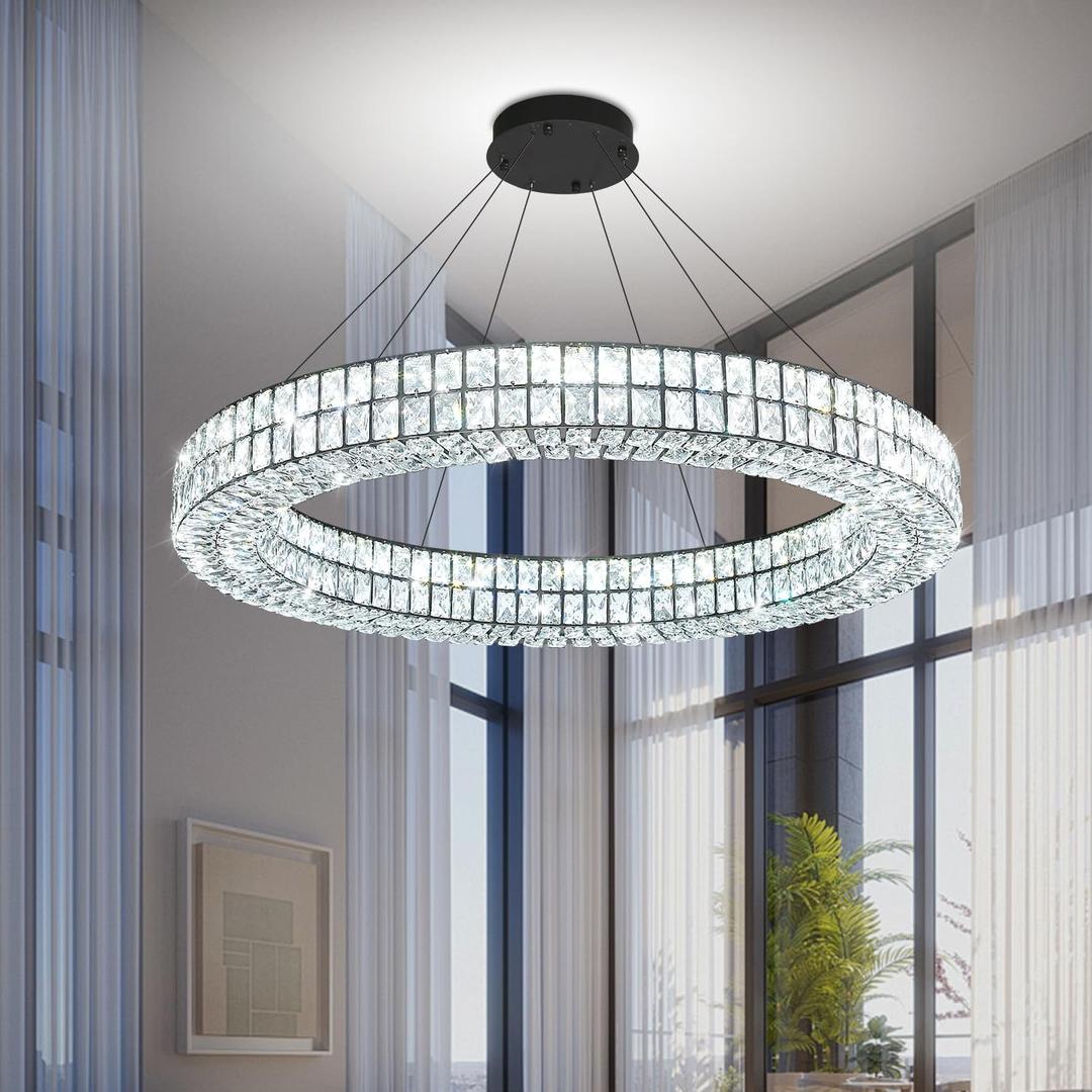 Large Ring Chandelier 47.5 inch Black Modern Crystal Chandelier Lighting High Ceiling Foyer Chandeliers for Living Room Dining Room Staircase Led Dimmable 2700k-6000k