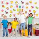 54Pcs Spring Cartoon Positive Cutouts Motivational Sayings Paper Cutting with 100Pcs Glue Points for Party Classroom Bulletin Board Craft Wall Decor