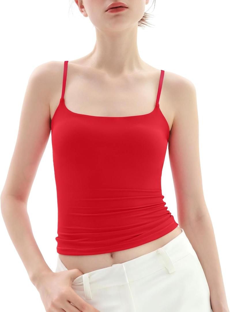 PUMIEY Women's Square Neck Tank Top Adjustable Spaghetti Straps Sleeveless Basic Tops Sharp Collection (Ruby)