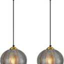 Smoke Gray Glass Pendant Lights Kitchen Island 2 Pack 7.48 in Hand Blown Glass Globe Pendant Light Fixtures Modern Pendant Lighting for Kitchen Island Bedroom Dining Room