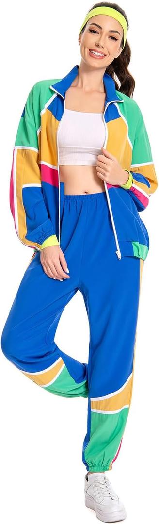 Womens 80s Tracksuit Retro Hip Hop Windbreaker Women Disco Tracksuit Sets Colorblock One Piece Outfits Set (Medium, Yellow)