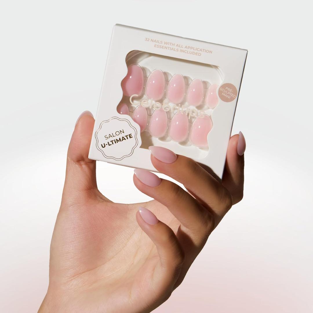 Celebritips Press On Nails - Salon U-ltimate | Clean Pink, Extra Short Almond Nails, Reusable | 16 sizes - 32 Nails Kit with Glue and Sticky Tabs