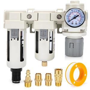 Air Pressure Regulator 3/8 NPT Auto Drain and Semi-Auto Drain Double Air Filters, Air Compressor Water Separator 0-150PSI, Air Drying System, Polycarbonate Bowl