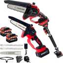 Electric Pole Saw for Tree Trimming 6'', Extendable Cordless 2-in 1 Pole Saw Mini Chainsaw, Brushless Motor, Battery Operated with 2*4.0Ah Batteries&Charger, Extension Pole for 16 FT Max Reach