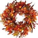 24" Berry Branches Fall Wreath with Colorful Mixed Leaves, Autumn Eucalyptus Artificial Wreath for Thanksgiving Halloween Front Door Window Home Wall Farmhouse Holiday Outdoor Indoor Décor