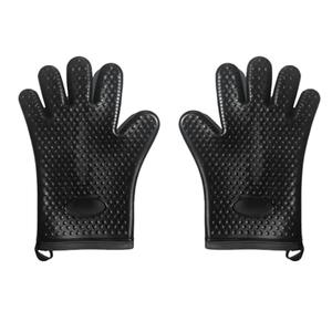 Heat Resistant Oven Mitts - 2 pcs Thermal Silicone Lined Kitchen Gloves, Waterproof & Non-Slip, 5-Finger Oven Mitts for Baking, Cooking, Grilling, Microwave, 11"x7.67"x0.39" (2,Black)