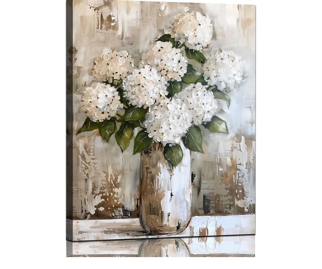 Bathroom Wall Art White Hydrangea Decor Flower Canvas Pictures Vintage Floral Painting for Bedroom Abstract Farmhouse Art Print for Dining Room Living Room Home Office Decorations 12x15 Inches