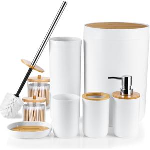OTOSTAR Bathroom Accessories Set 8-Piece Bamboo Gift Set Bathroom Accessory Set with Trash Can 2 Qtip Holder Jars Soap Dispenser Toothbrush Holder Tumbler Cup Soap Dish Toilet Brush Holder (White)