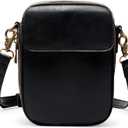 Yarnic Small Crossbody Bag, Vegan Leather Cell Phone Purse for Women, Vintage Wallet Bag with Card Slots (Black-leather Strap)