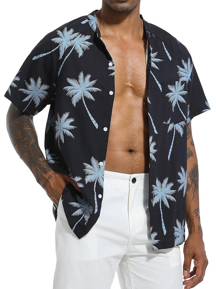 SILKWORLD Men's Casual Button Down Shirts Short Sleeve Band Collar Shirts Cotton Linen Mens Henley Hawaiian Shirt with Pocket, Size: XXL