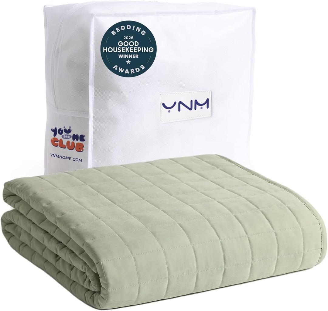 YnM Exclusive Weighted Blanket, Soothing Cotton/Polyester, Smallest Compartments, Bed Blanket for One Person of 140lbs, Ideal for Queen/King Bed (60x80 Inches, 15 Pounds, Avocado/White Reversible)