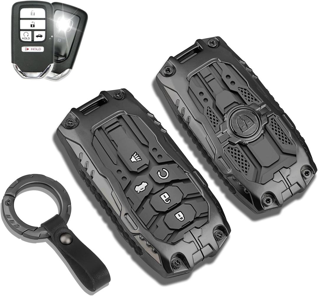 QBUC for Honda Key Fob Cover with Keychain - Heavy Zinc Alloy Shell & Silicone Case for Double Protection - Compatible with 2016-2021 Honda Accord Civic HR-V CR-V Pilot Passport Ridgeline (Black)