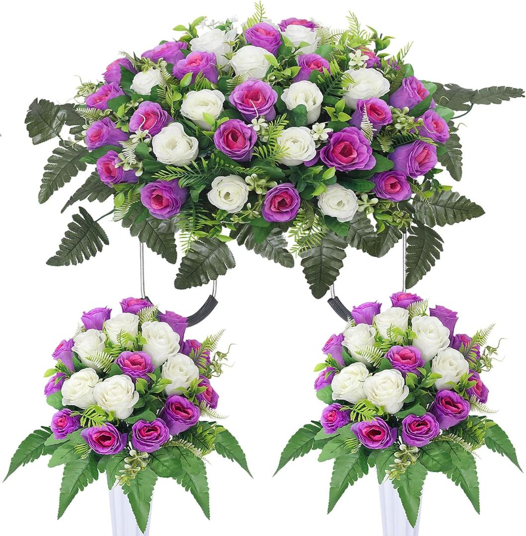 3 Pcs Artificial Cemetery Flower Saddles Cemetery Flowers for Grave Memorial Grave Flowers with Vases for Cemetery Decoration