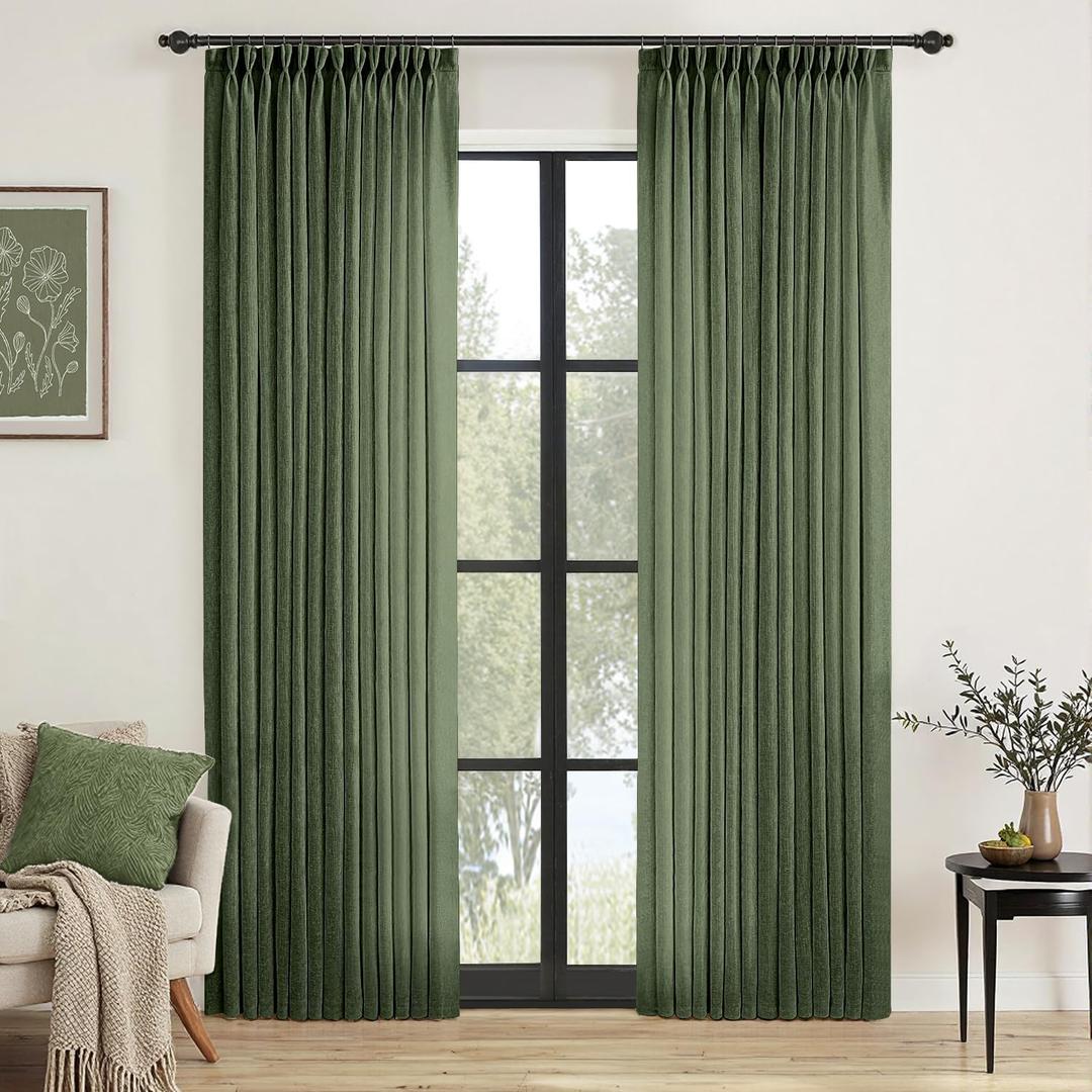 MIULEE Pinch Pleated Olive Green Linen Curtains 96 Inches Long 2 Panels for Bedroom Living Room, Soft Thick Linen Textured Window Drapes Back Tab Hooks Semi Sheer Light Filtering Dark Green Decor (40"W x 96"L (Pack of 2))
