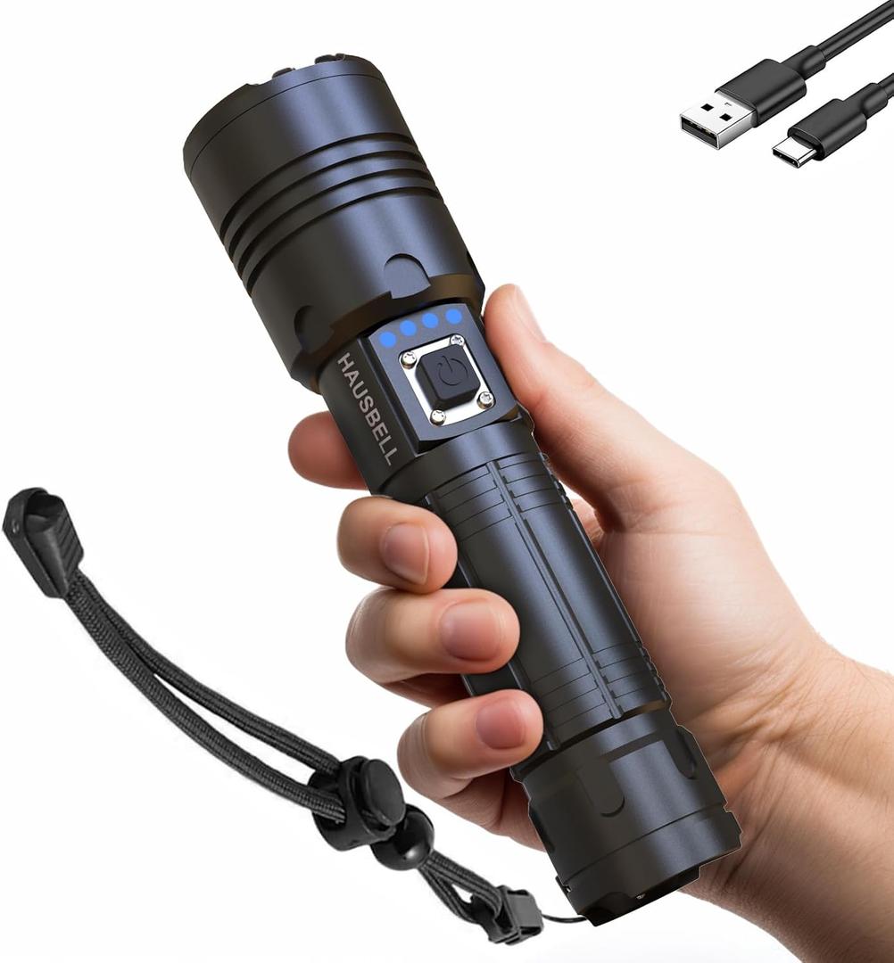 HAUSBELL Rechargeable Handheld Flashlights, 100000 High Lumens Super Bright Flash Light, Zoomable LED Flashlight, 5 Model, Waterproof Powerful Tactical Flashlight for Emergency, Outdoor, Home