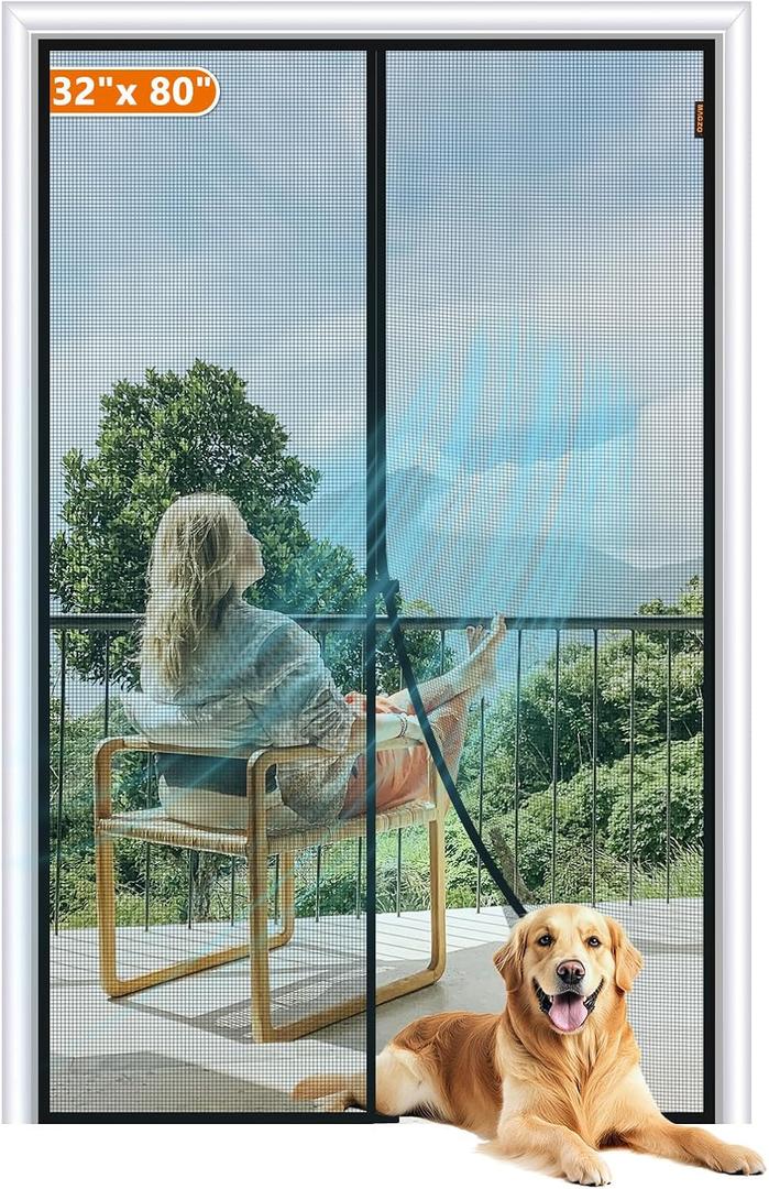 MAGZO Magnetic Screen Door Fit Door Size 32 x 80 Inch, Screen Size 34" x 81" Strong Magnets Door Mesh, Reinforced Fiberglass Door Net for Front, Gray