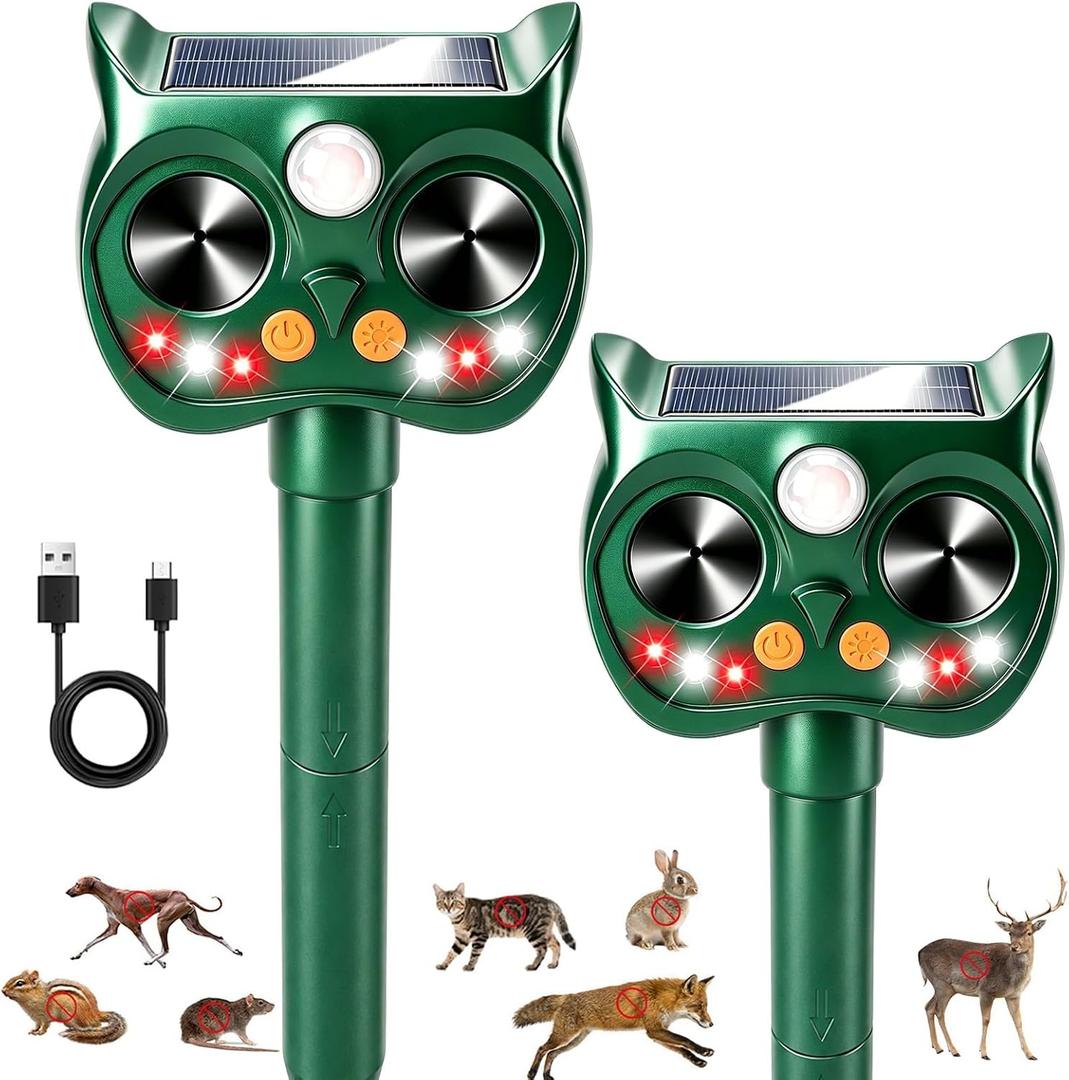 2Pack Upgraded Deer Repellent Devices Solar Ultrasonic Animal Repellent Outdoor with Motion Sensor Strobe Light for Squirrel Raccoon Rabbit Cat Bird Volume Control Keep Pests Out of Yard Farm