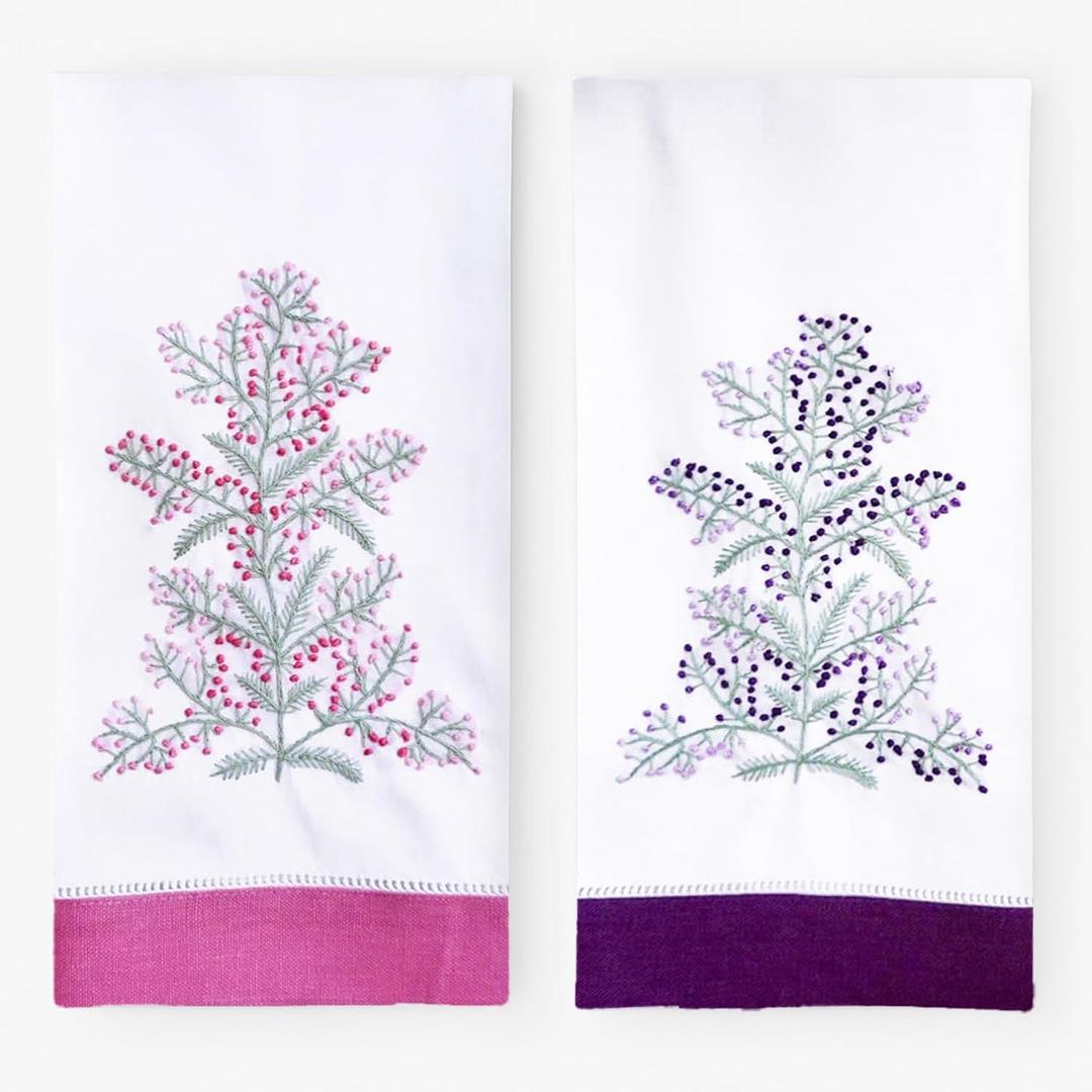 Embroidered Hand Towels Set of 2, Decorative Hand Towels, Linen Cotton Blend with Floral Pattern, Machine Washable Towels for Bathroom, Kitchen, 16x24 Inches (White-Lilac-Orchid)