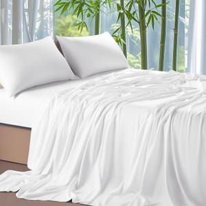 Shilucheng 100% Viscose Derived from Bamboo_ Sheets Cal King Size 4pcs - Ultra Cooling & Silky Soft Bed Sheets, 16" Deep Pocket, Perfect for Hot Sleepers, Hotel Bedding Sheets (White)