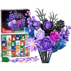 Advent Calendar 2025 for Adults Teens, 12 Purple Rose Flower Bouquet Building Blocks, 24 Days Surprise Christmas Countdown Calendar with 822 PCS Gothic Artificial Flowers Home Decor for Women Men Teen