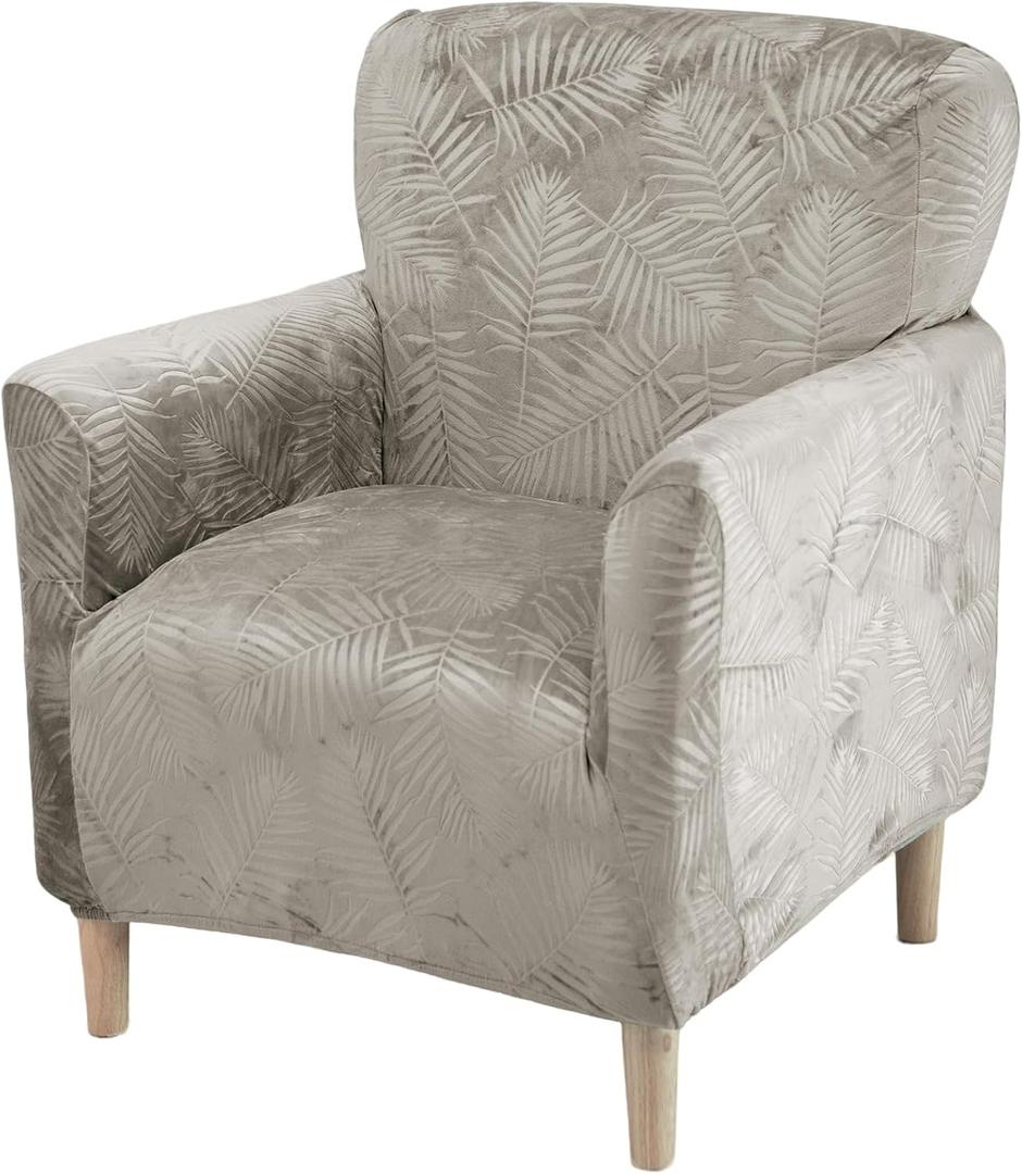 FUANGUI Banquet Armchair Slipcover Chair Covers with Arms Stretch Club Chair Slipcover Soft Armchair Sofa Covers Anti-Slip Furniture Protector for Dogs Pets Home Living Room Decor (1PCS, Leaf Pressing-gray Champagne)
