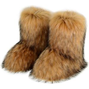 QMFUR Women's Furry Faux Fur Boots Fuzzy Fluffy Mid Calf Snow Boots Suede Warm Fur Lined Booties Flat Fashion Boots Size 41
