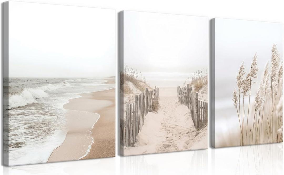 Framed Beach Canvas Wall Art Set of 3, Boho Coastal Nature Landscape Wall Decor Paintings, Ocean Beach Pampas Grass Artwork Prints Pictures for Living Room Bedroom Home Office 16x24 Inch