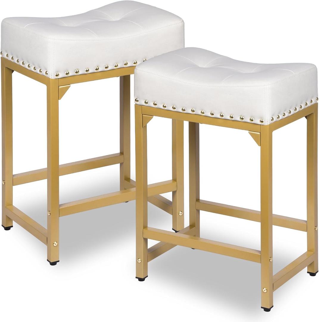 Bar Stools Set of 2, Counter Height Bar Stools for Kitchen Island, 24 Inch Modern White & Gold Saddle Backless Barstools, Counter Stool with Metal Base & Thick Saddle Seats(White+Gold) Bar Stools Set of 2, Counter Height Bar Stools for Kitchen Island, 24 Inch Modern White & Gold Saddle Backless Barstools, Counter Stool with Metal Base & Thick Saddle Seats(White+Gold)