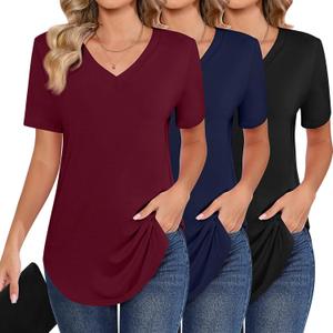 Ficerd 3 Pack Women's Short Sleeve Tunic Tops, V Neck Curved Hem Shirt Casual Summer Basic Tshirts Tee Blouse (XX-Large, Black, Navy Blue, Burgundy)