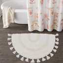 Schweek Boho Bathroom Rug Half Circle Cotton Bath Mat with Tassels Hand-Woven Bohemian Rugs with Rug Non Slip Pad Washable Bath Rugs for Bathroom, Shower, Tub 20"x32", Half-Circle Cream