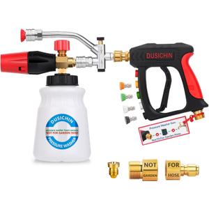 DUSICHIN Short Wand Pressure Washer Gun Foam Cannon 1/4" Quick Connector Pressure Washer Accessory,Car Wash Foam Gun Dual Ended Shift Connector 5 Pressure Washer Nozzles M22-14, M22-15 Brass Fittings
