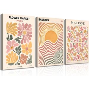 BBQCBA 3pcs Boho Flower Market Canvas Wall Art Abstract Line Wall Decor Pictures Pink Beige Butterfly Posters Prints for Bedroom Living Room Home Office Home Decoration (16L"x12W"Canvas)