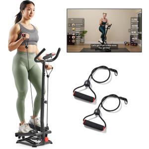Sunny Health & Fitness Total Body 2-in-1 Smart Stepper Machine for Home with Handlebar and Resistance Bands, Total Body Workout, Adjustable Hydraulic, LCD Monitor, Non-Slip Pedals  330 LB Max Weight (Black)